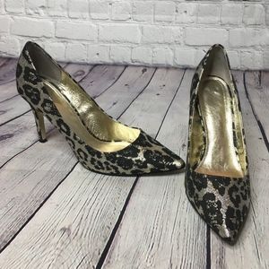 AdriannaPapell Leopard Print Pointed Toe Pump Gold